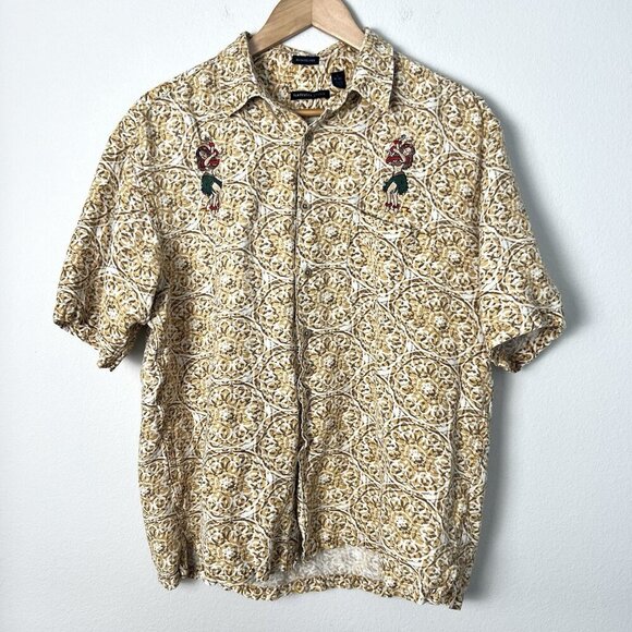 Retro Van Heusen Embroidered Hawaiian Shirt Button Front Resortwear Linen Size L - Picture 1 of 9